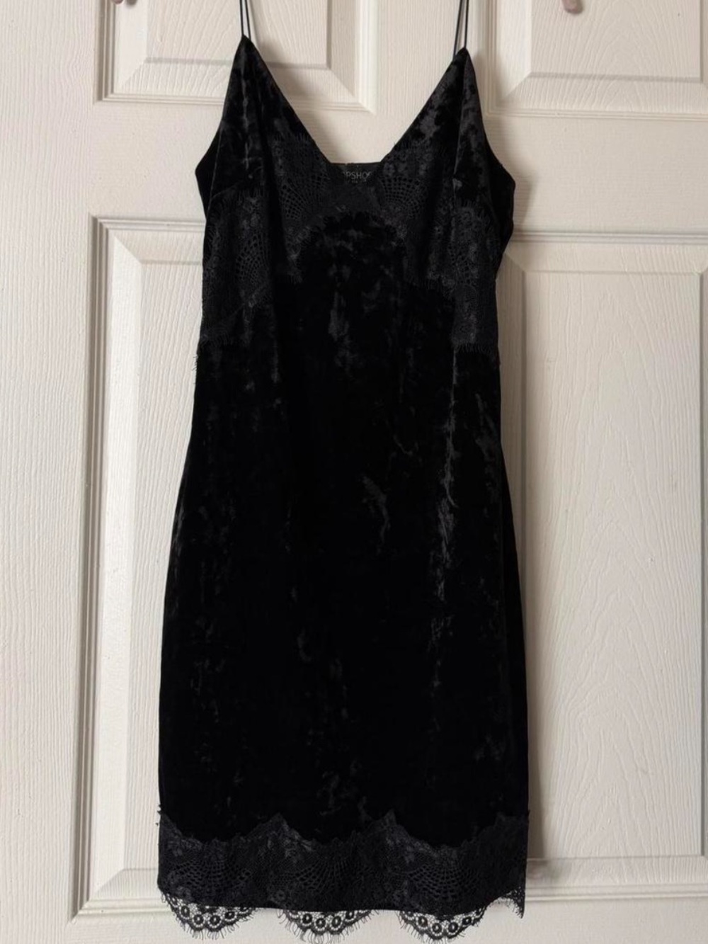 TOPSHOP Black Velvet Slip Dress / v-neck mini dress with black lace
